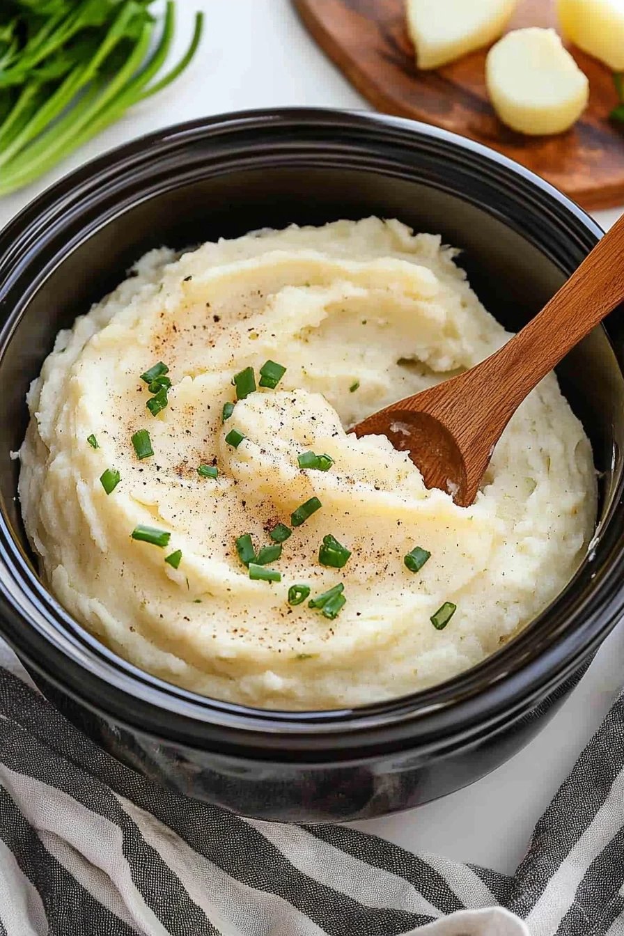 crockpot mashed potatoes slice on plate showing perfect texture and swirl pattern