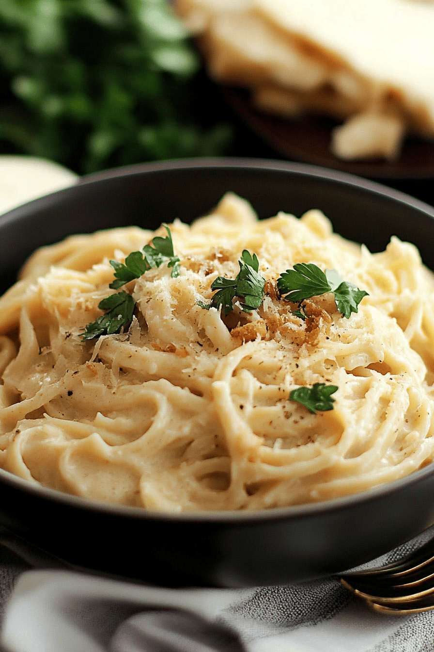 homemade Alfredo sauce slice on plate showing perfect texture and swirl pattern