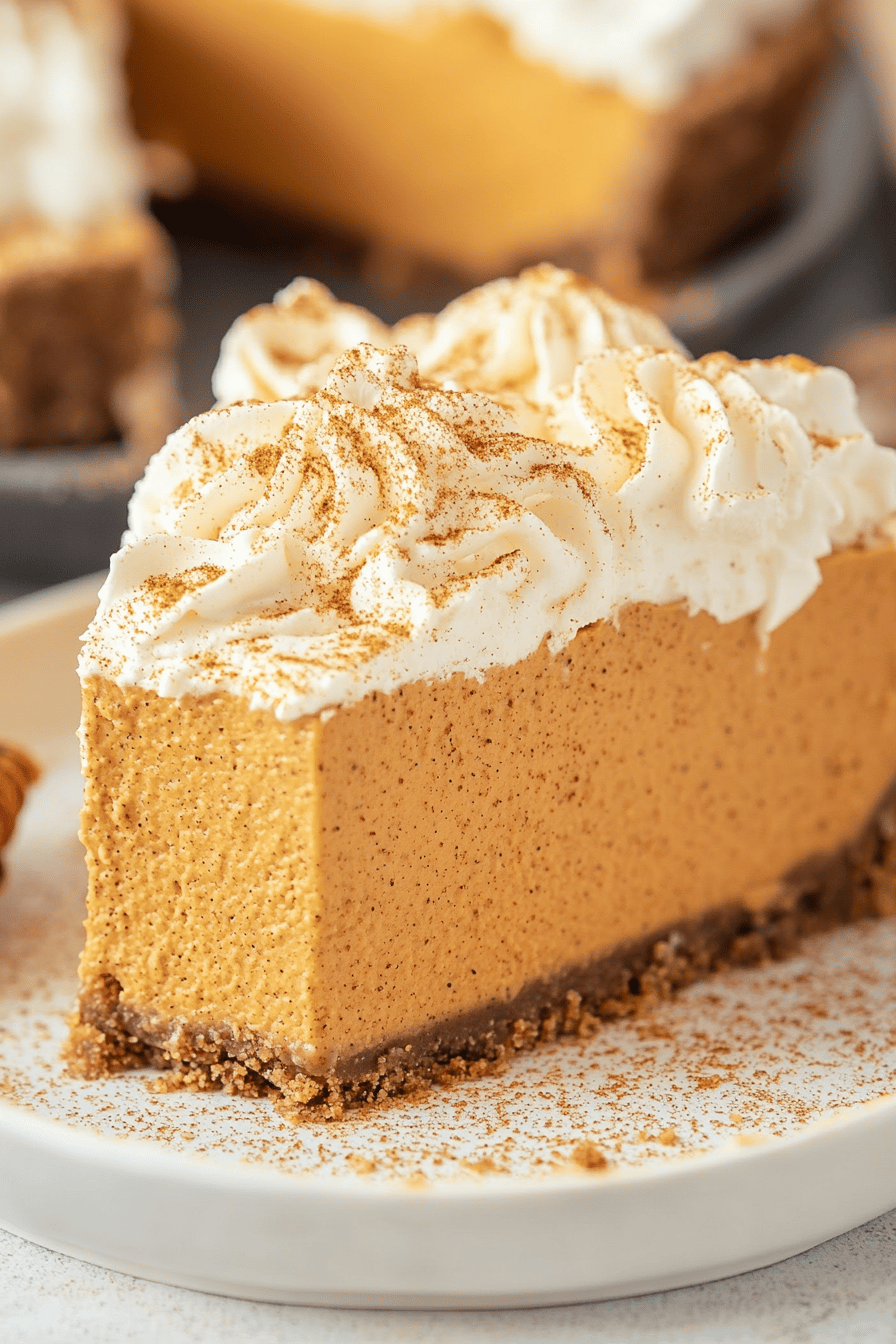 no-bake pumpkin pie slice on plate showing perfect texture and swirl pattern