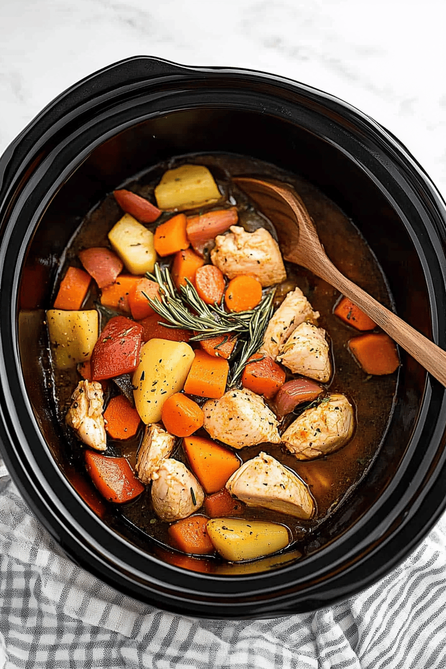 slow cooker chicken vegetables ingredients organized and measured on kitchen counter