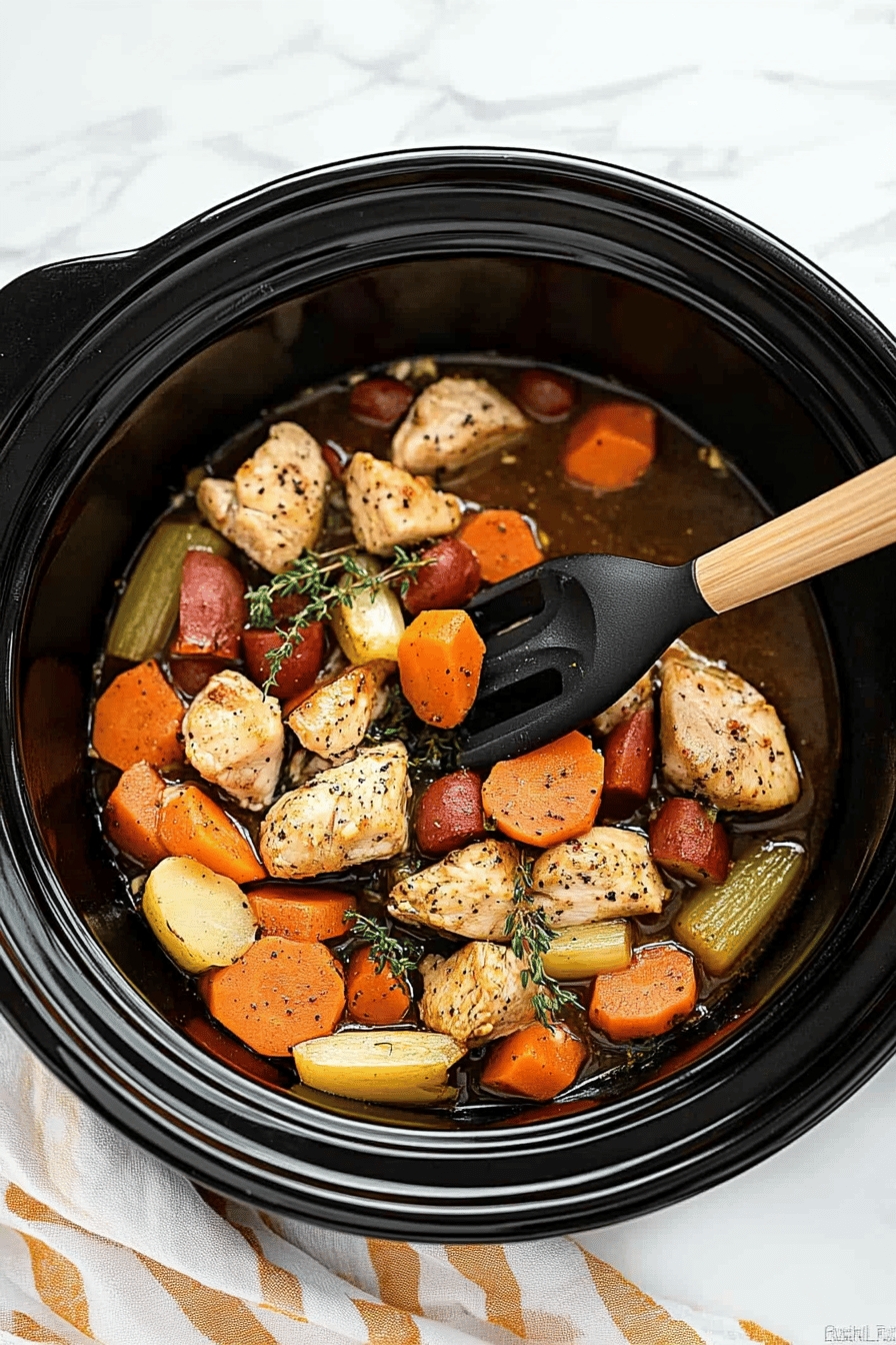 slow cooker chicken vegetables slice on plate showing perfect texture and swirl pattern