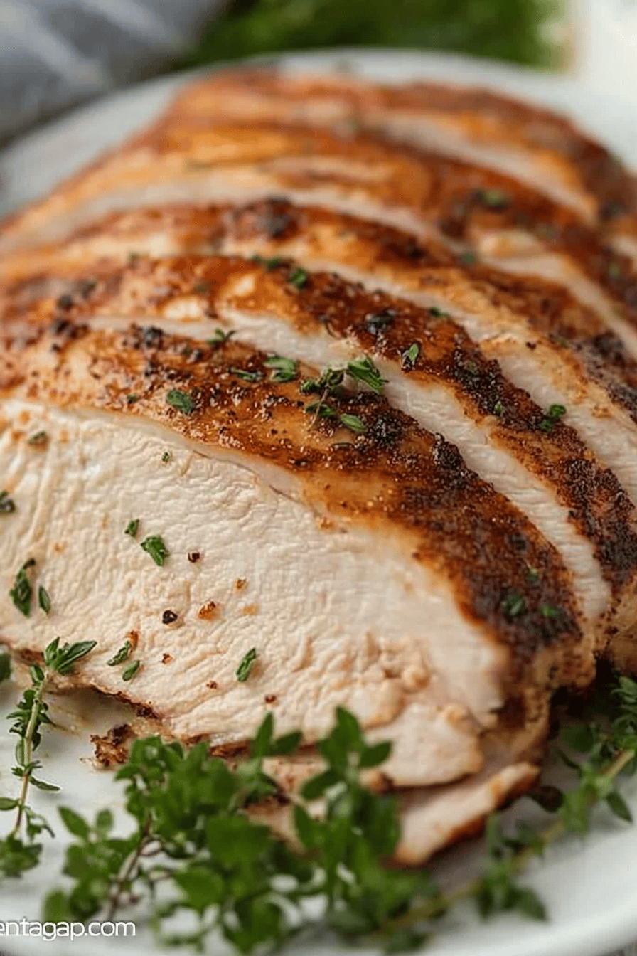 Air Fryer Turkey Breast slice on plate showing perfect texture and swirl pattern