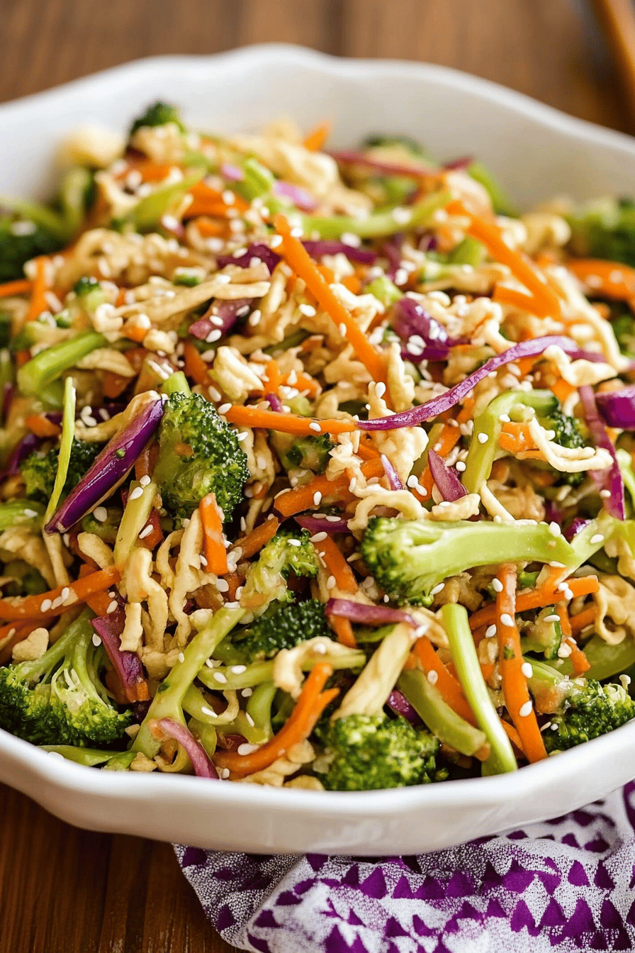 Asian broccoli salad slice on plate showing perfect texture and swirl pattern