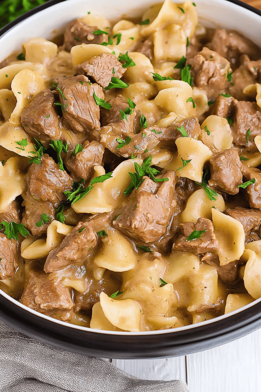Beef Stroganoff ingredients organized and measured on kitchen counter