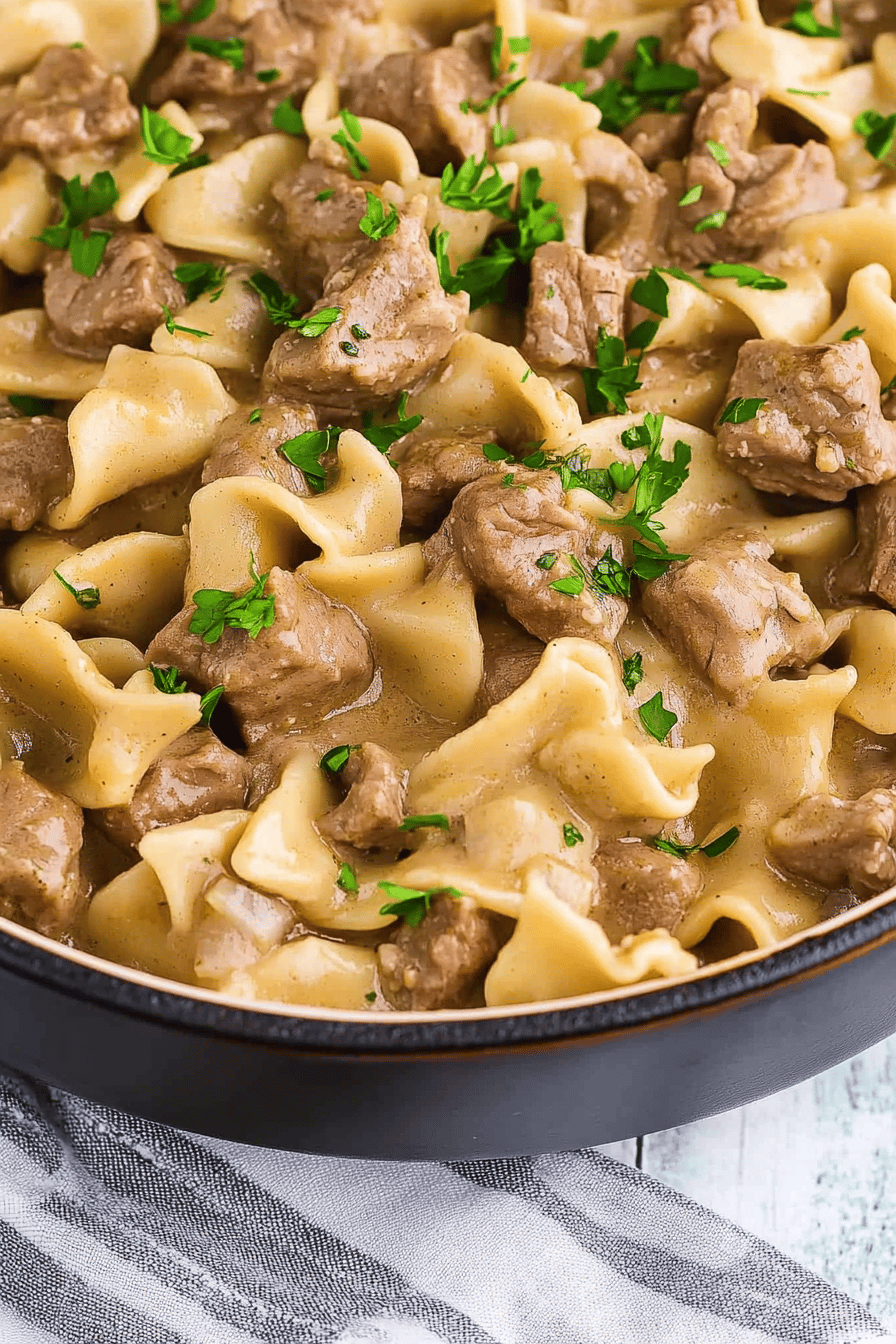 Beef Stroganoff slice on plate showing perfect texture and swirl pattern