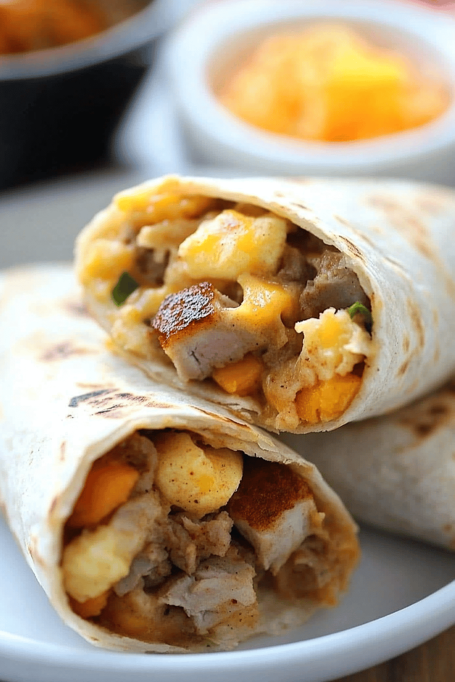 Breakfast burritos slice on plate showing perfect texture and swirl pattern
