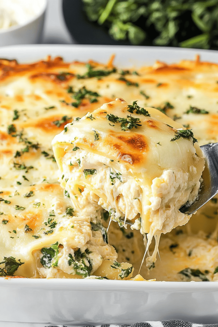 Chicken Alfredo Lasagna slice on plate showing perfect texture and swirl pattern