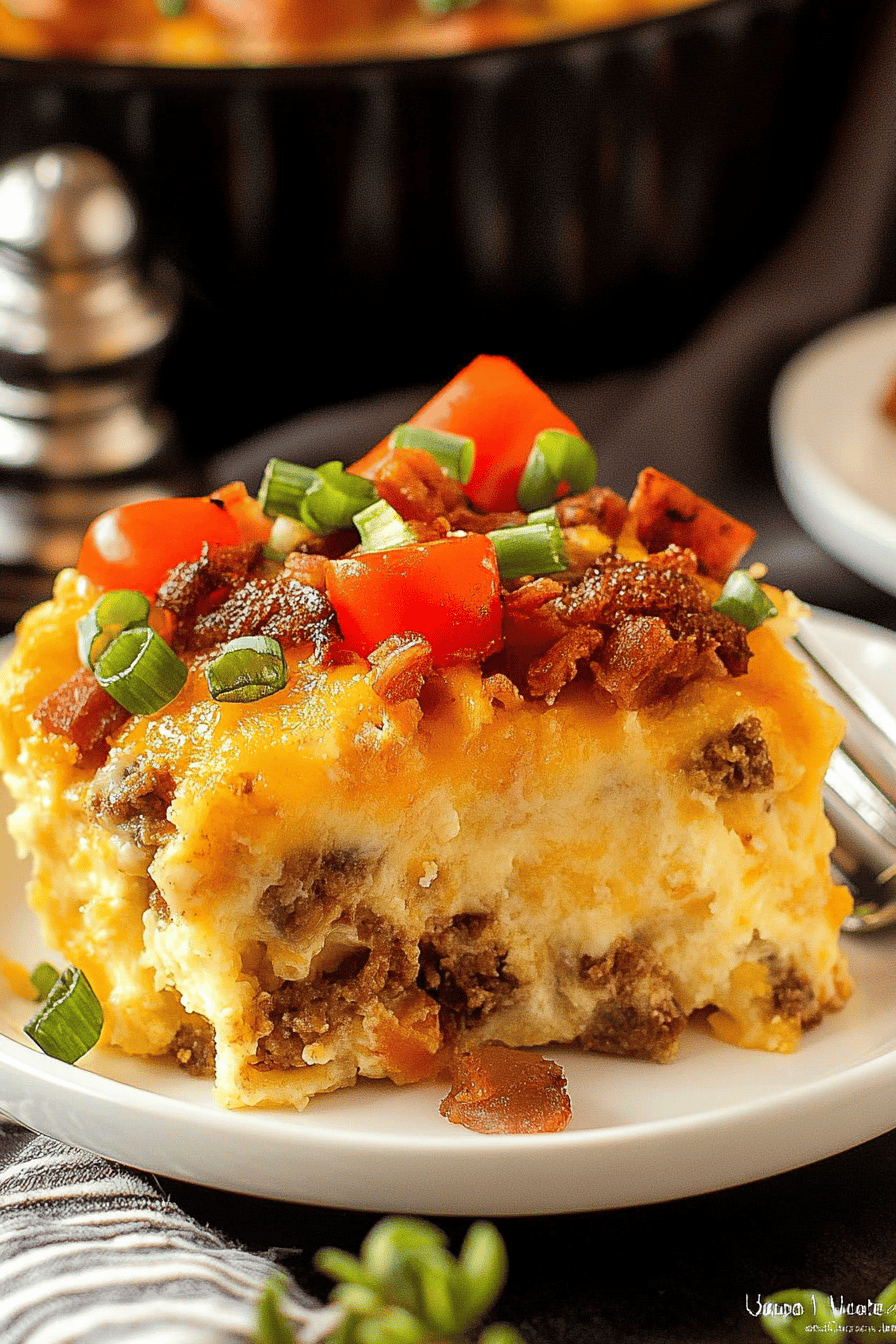 Crockpot Breakfast Casserole slice on plate showing perfect texture and swirl pattern