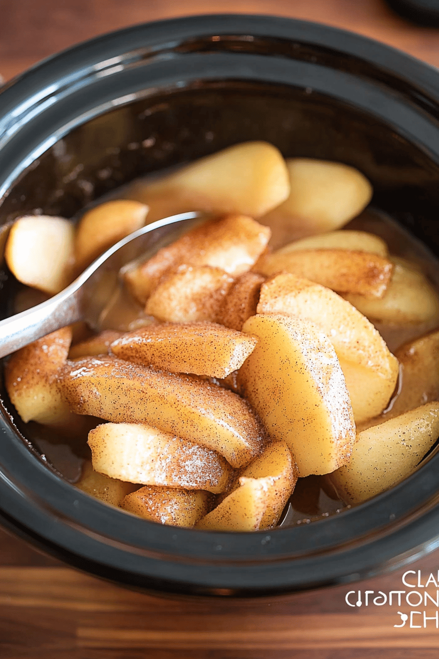 Crockpot cinnamon apples slice on plate showing perfect texture and swirl pattern