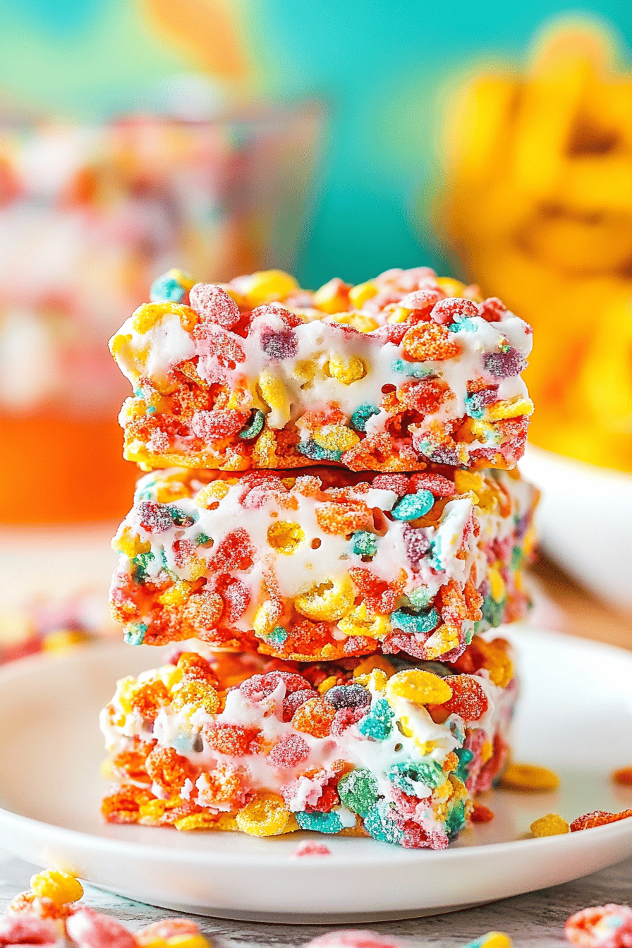 Fruity Pebbles treats slice on plate showing perfect texture and swirl pattern