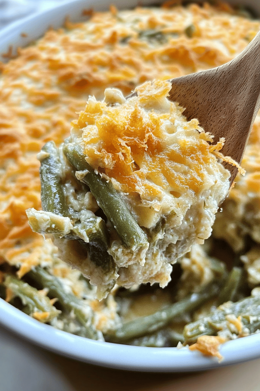 Green Bean Casserole Recipe slice on plate showing perfect texture and swirl pattern