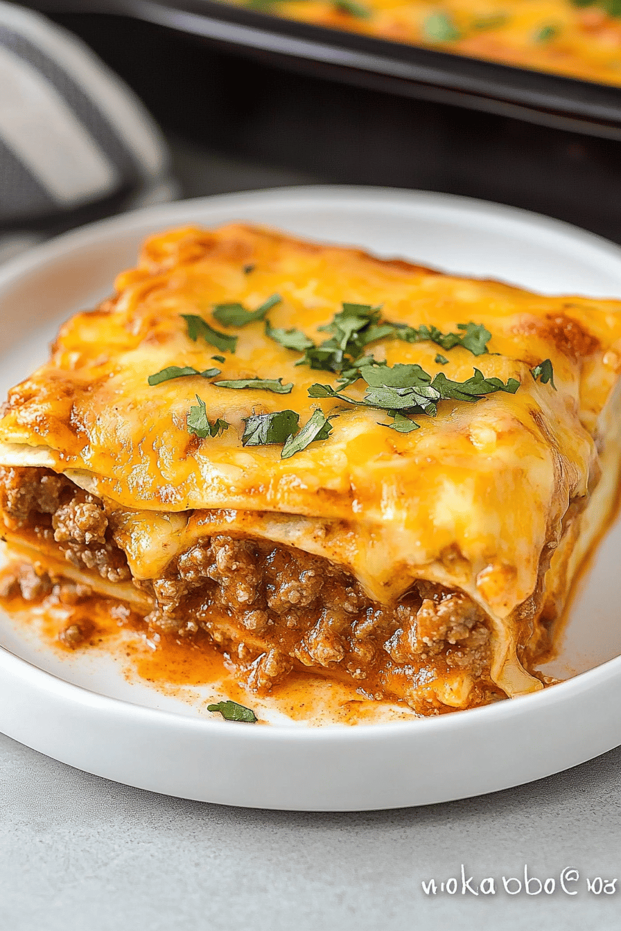 Ground Beef Enchilada Casserole slice on plate showing perfect texture and swirl pattern