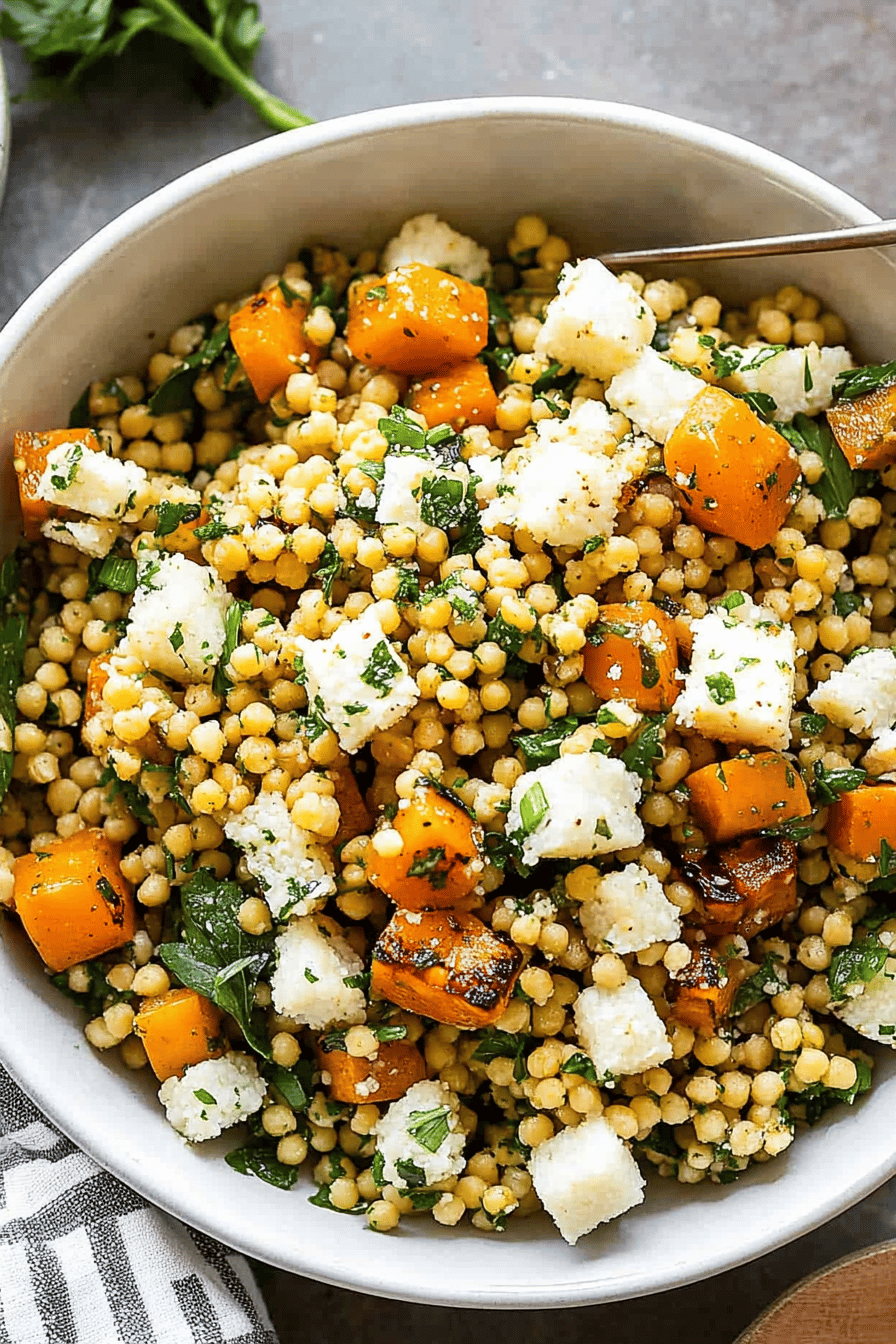 Israeli couscous salad ingredients organized and measured on kitchen counter