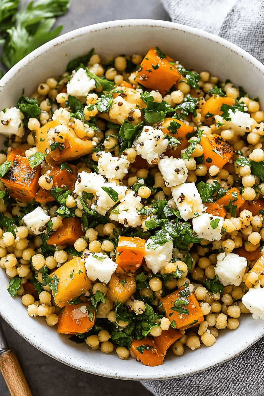 Israeli couscous salad slice on plate showing perfect texture and swirl pattern