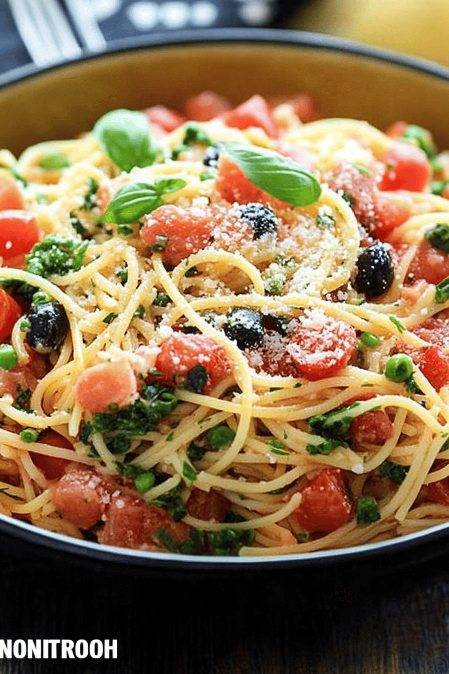 Italian Spaghetti Salad ingredients organized and measured on kitchen counter