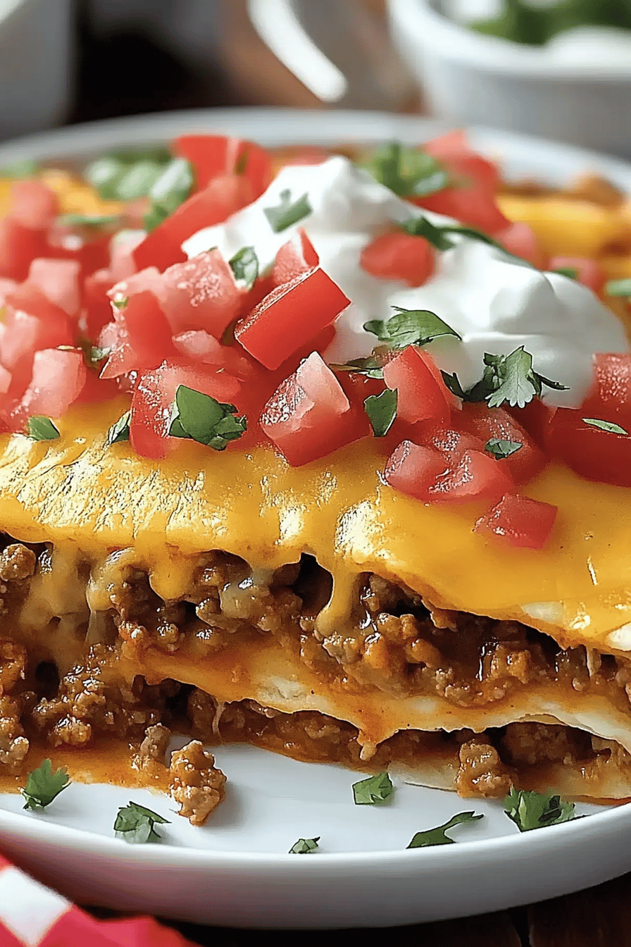 Layered Taco Bake slice on plate showing perfect texture and swirl pattern