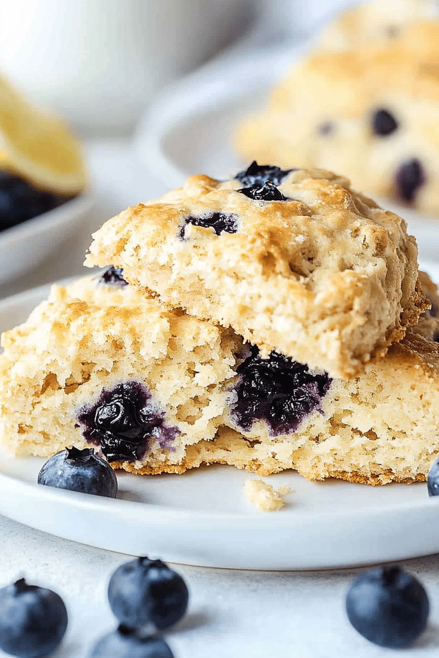 Lemon blueberry scones slice on plate showing perfect texture and swirl pattern