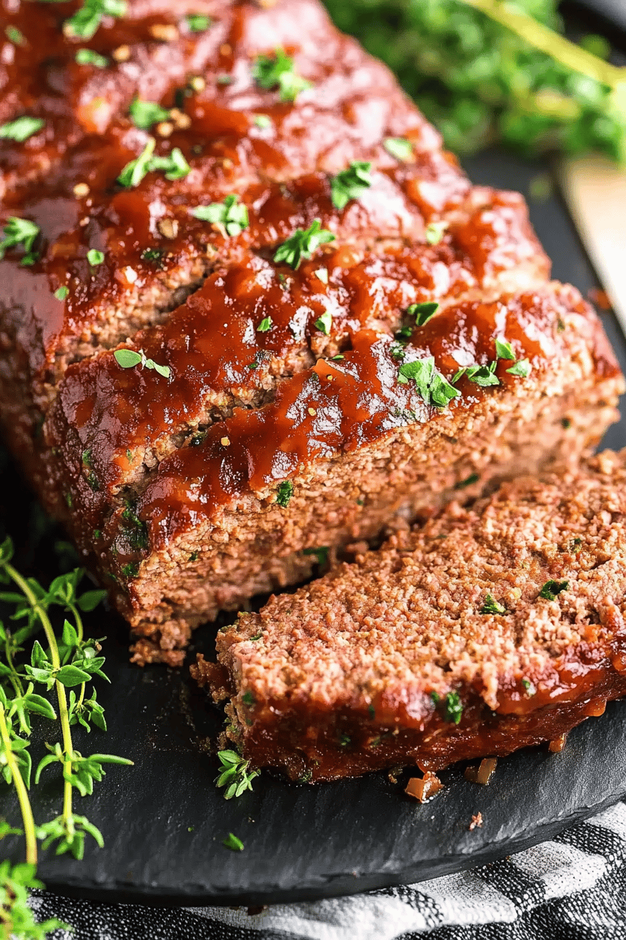 Meatloaf recipe slice on plate showing perfect texture and swirl pattern