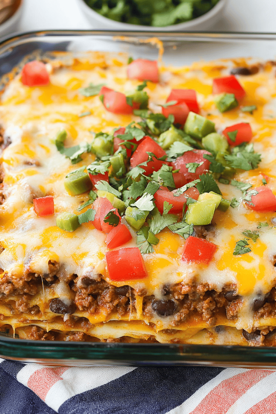 Mexican lasagna ingredients organized and measured on kitchen counter