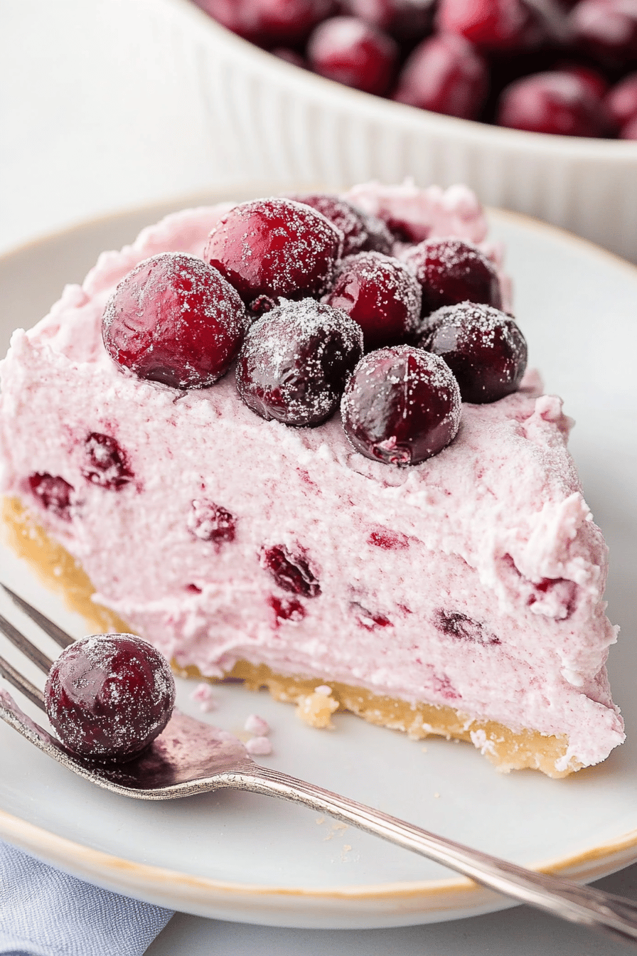 No-Bake Cranberry Fluff Pie slice on plate showing perfect texture and swirl pattern