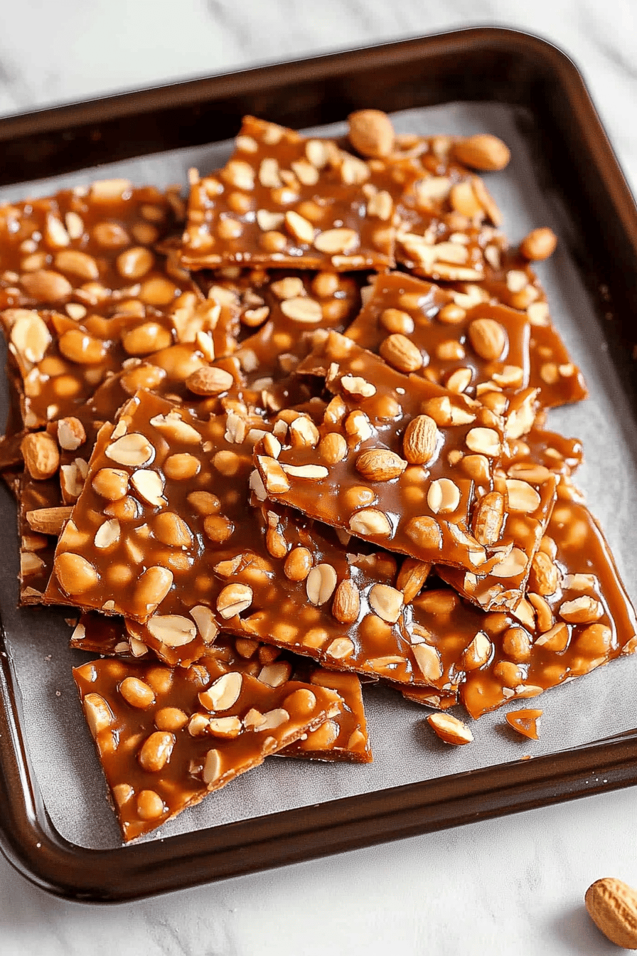 Peanut brittle slice on plate showing perfect texture and swirl pattern
