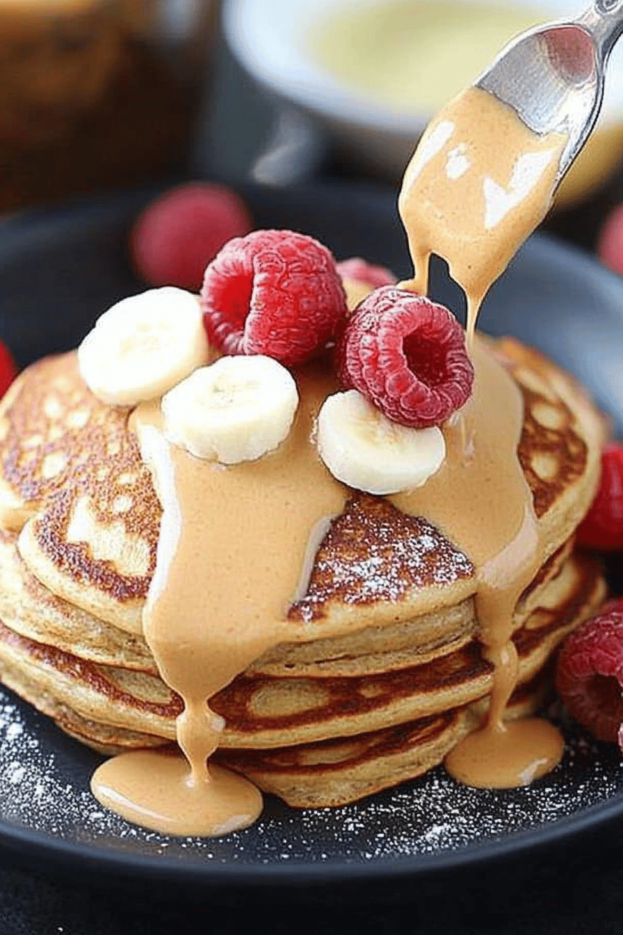 Peanut butter pancakes ingredients organized and measured on kitchen counter