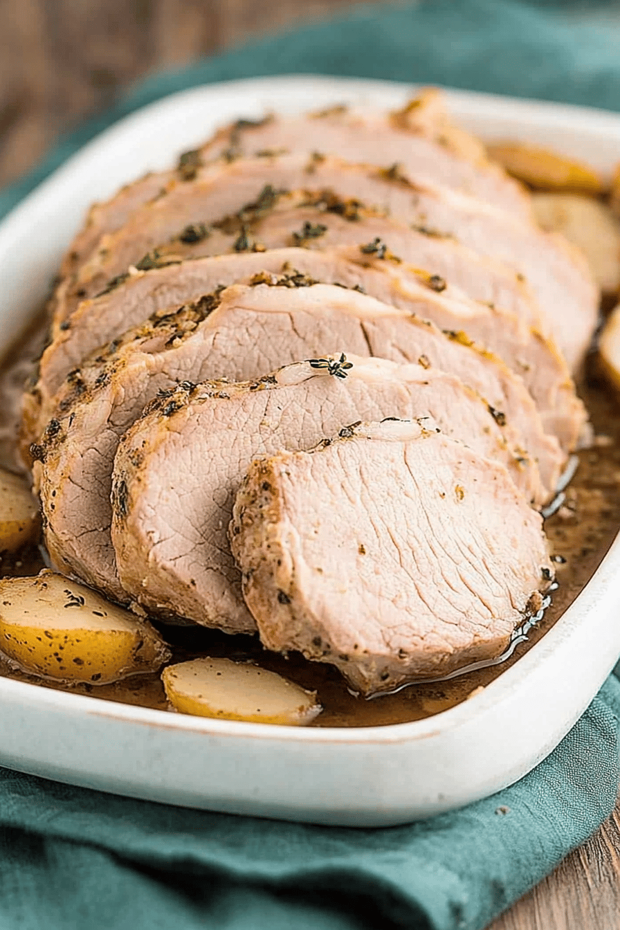 Pork roast slice on plate showing perfect texture and swirl pattern