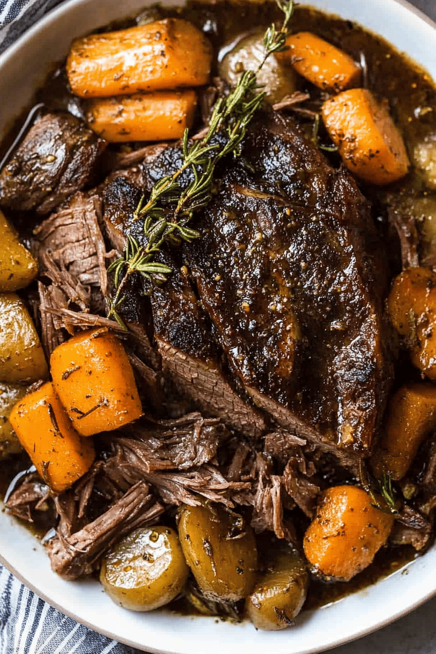 Pot roast recipe slice on plate showing perfect texture and swirl pattern