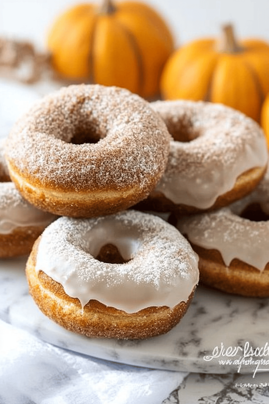 Pumpkin spice donuts slice on plate showing perfect texture and swirl pattern