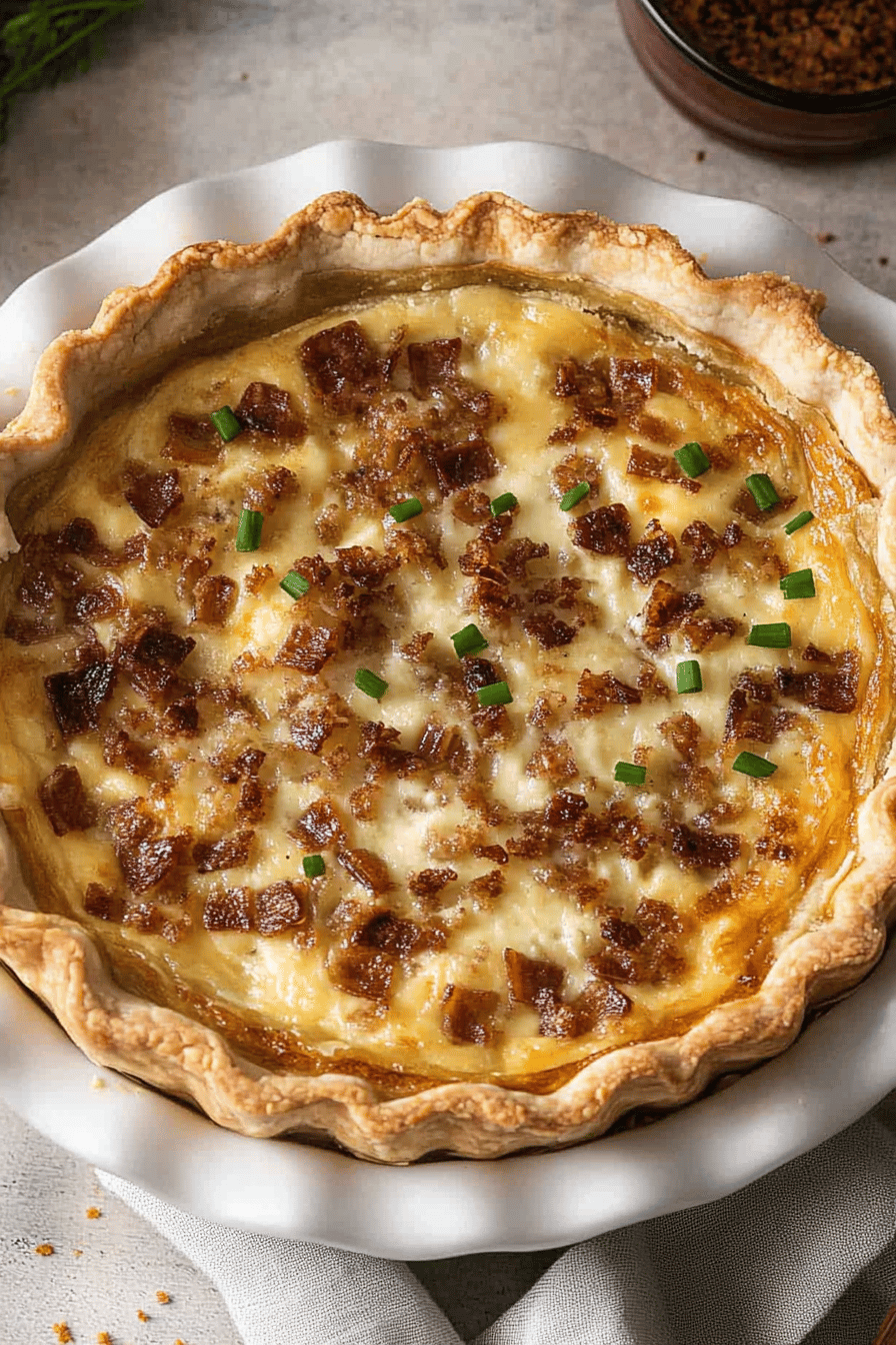 Quiche Lorraine recipe slice on plate showing perfect texture and swirl pattern