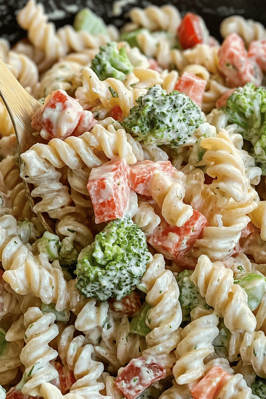 Ranch Pasta Salad slice on plate showing perfect texture and swirl pattern
