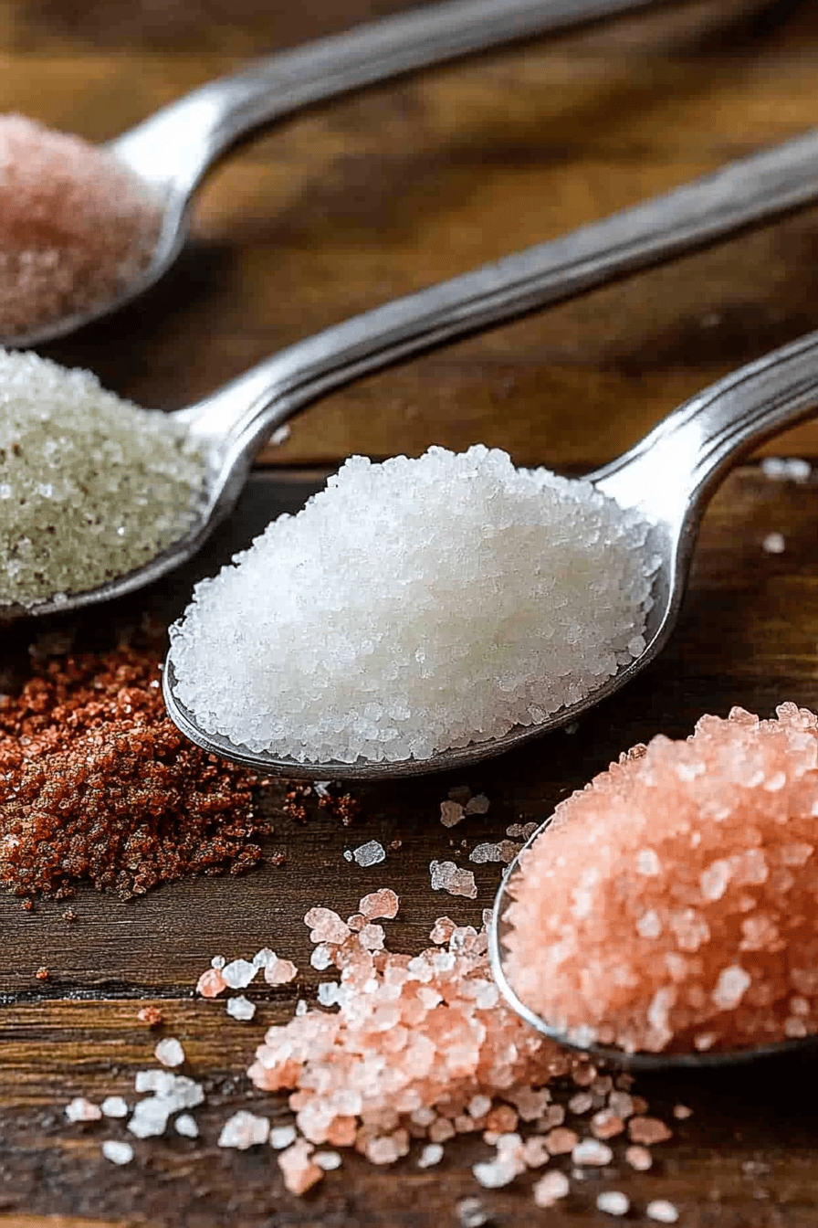 Salt types ingredients organized and measured on kitchen counter