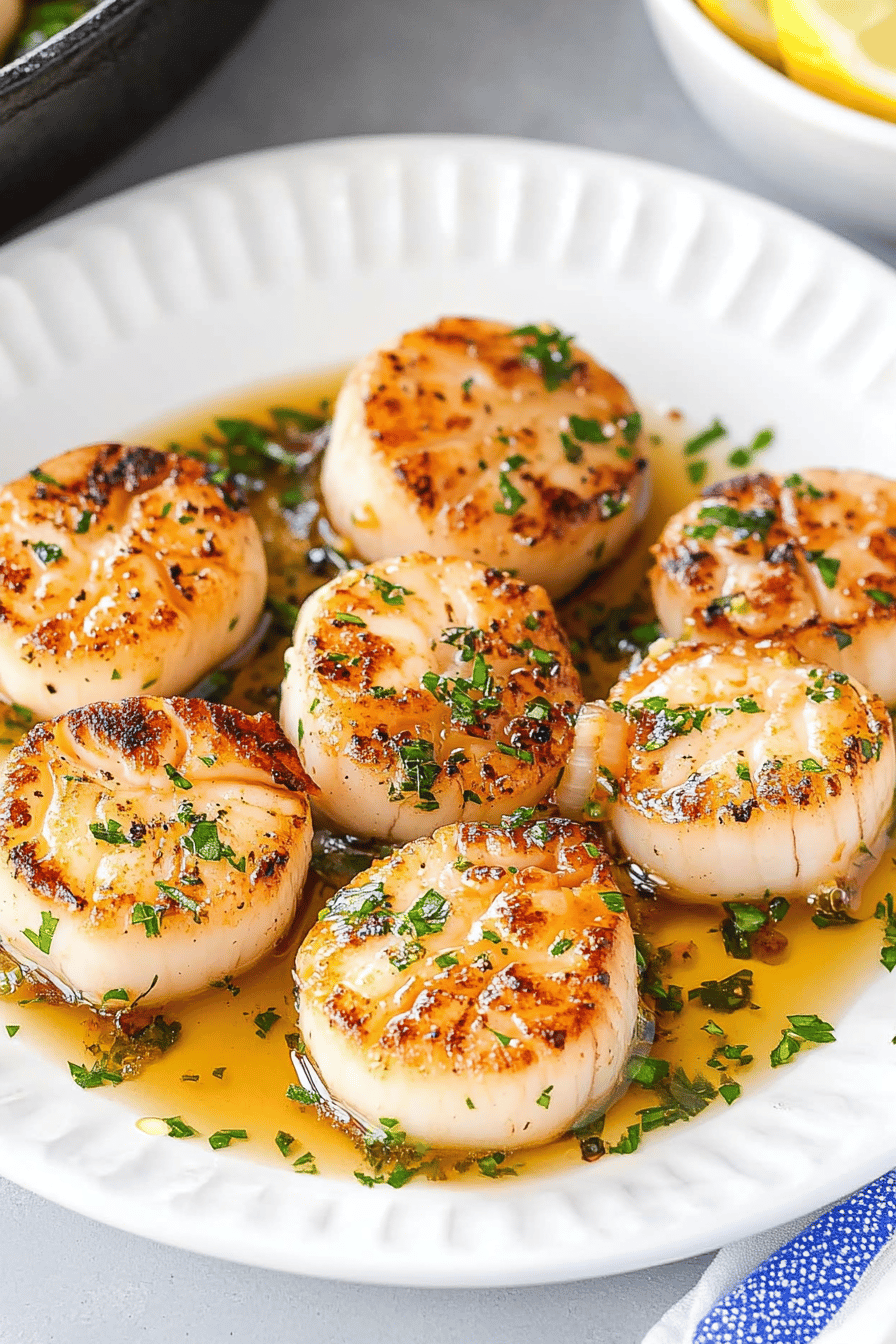 Seared Scallops Recipe slice on plate showing perfect texture and swirl pattern