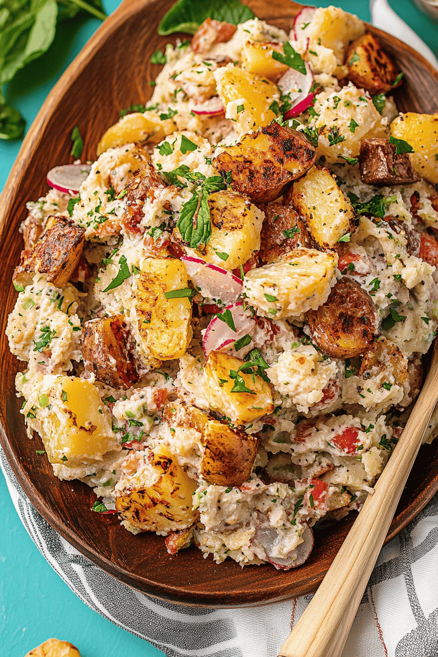 Smashed potatoes salad slice on plate showing perfect texture and swirl pattern