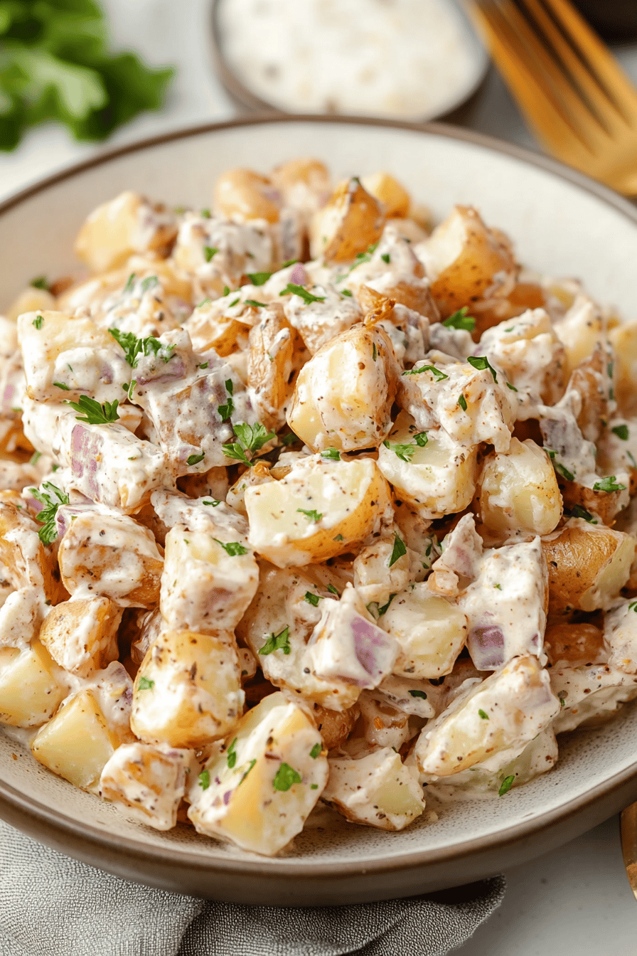 Steakhouse Potato Salad slice on plate showing perfect texture and swirl pattern