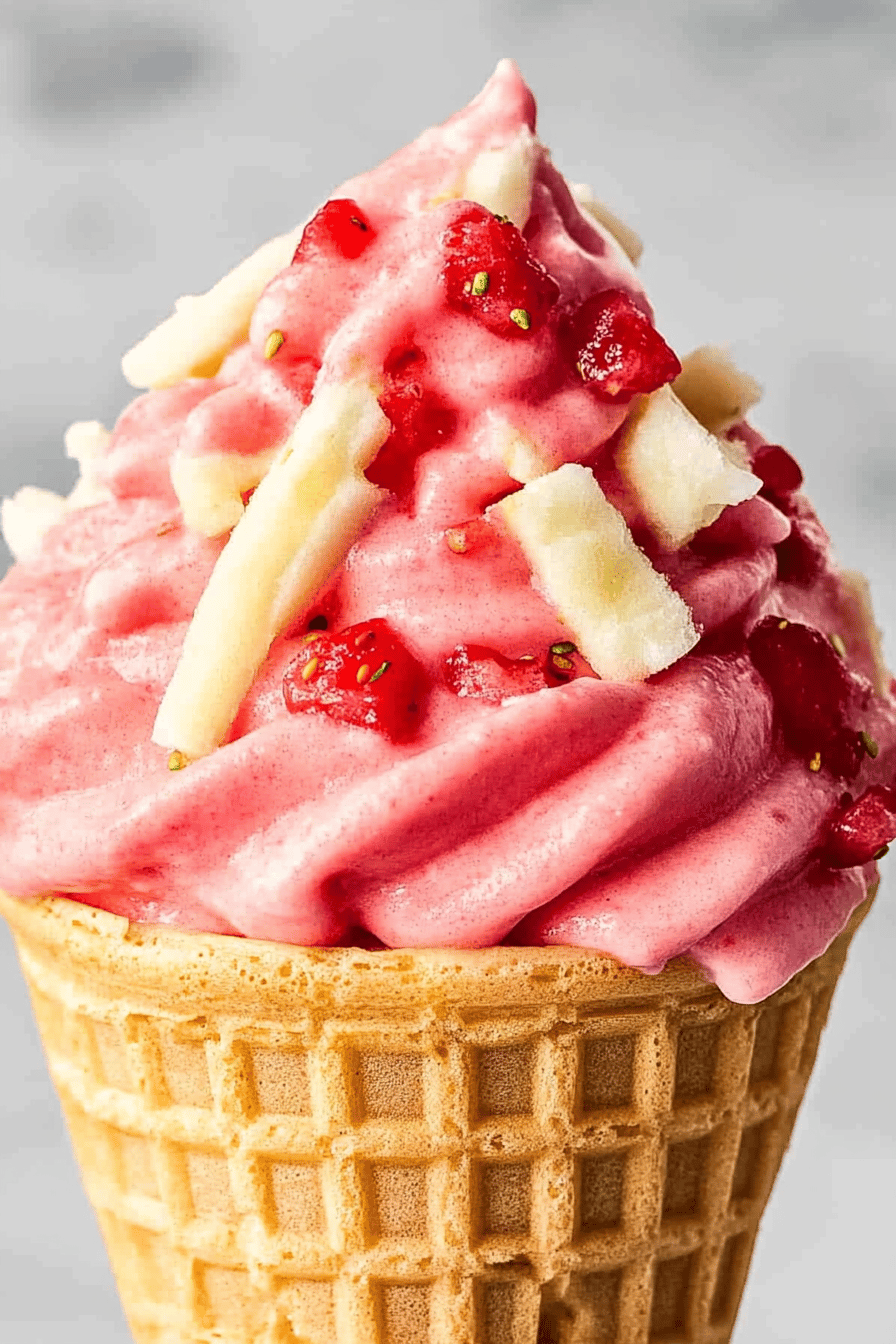 Strawberry Dole Whip slice on plate showing perfect texture and swirl pattern