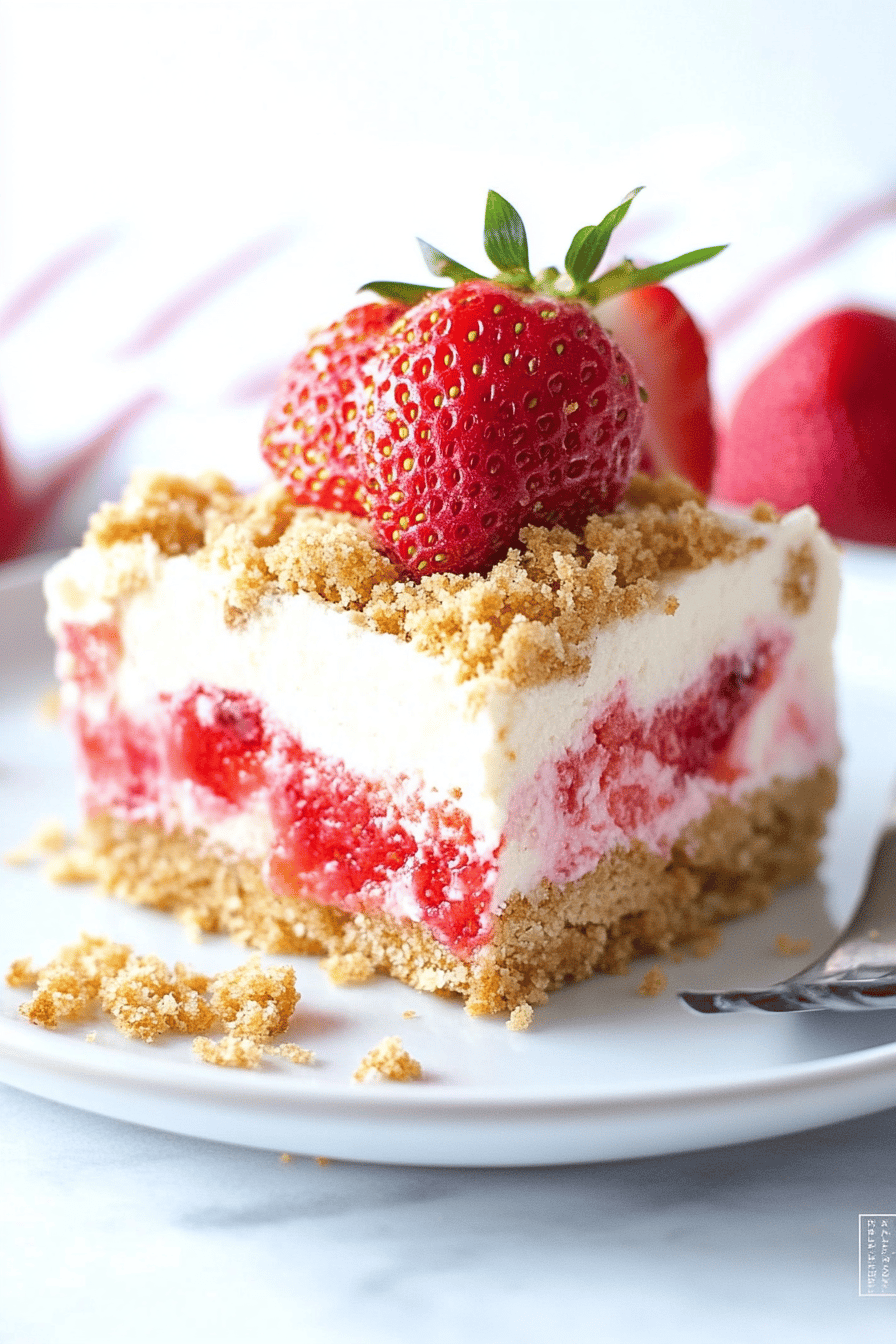 Strawberry cheesecake bars slice on plate showing perfect texture and swirl pattern