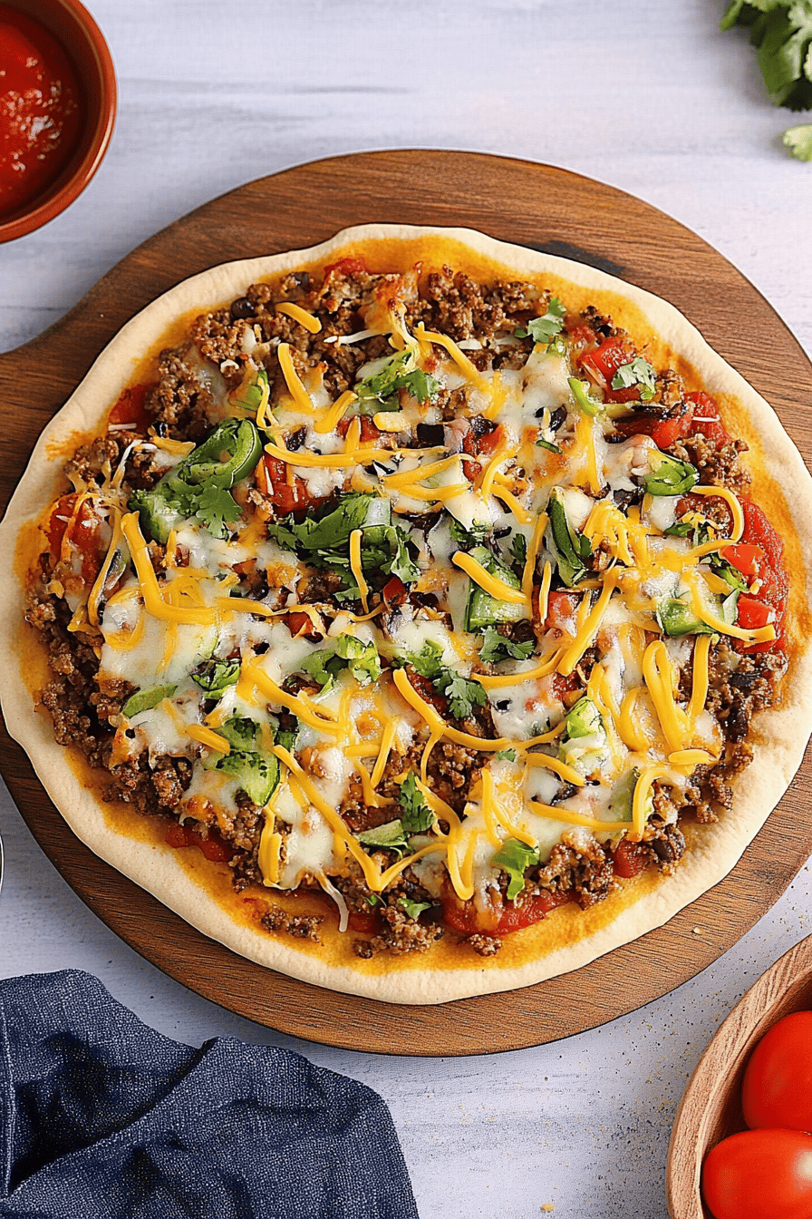 Taco Pizza ingredients organized and measured on kitchen counter