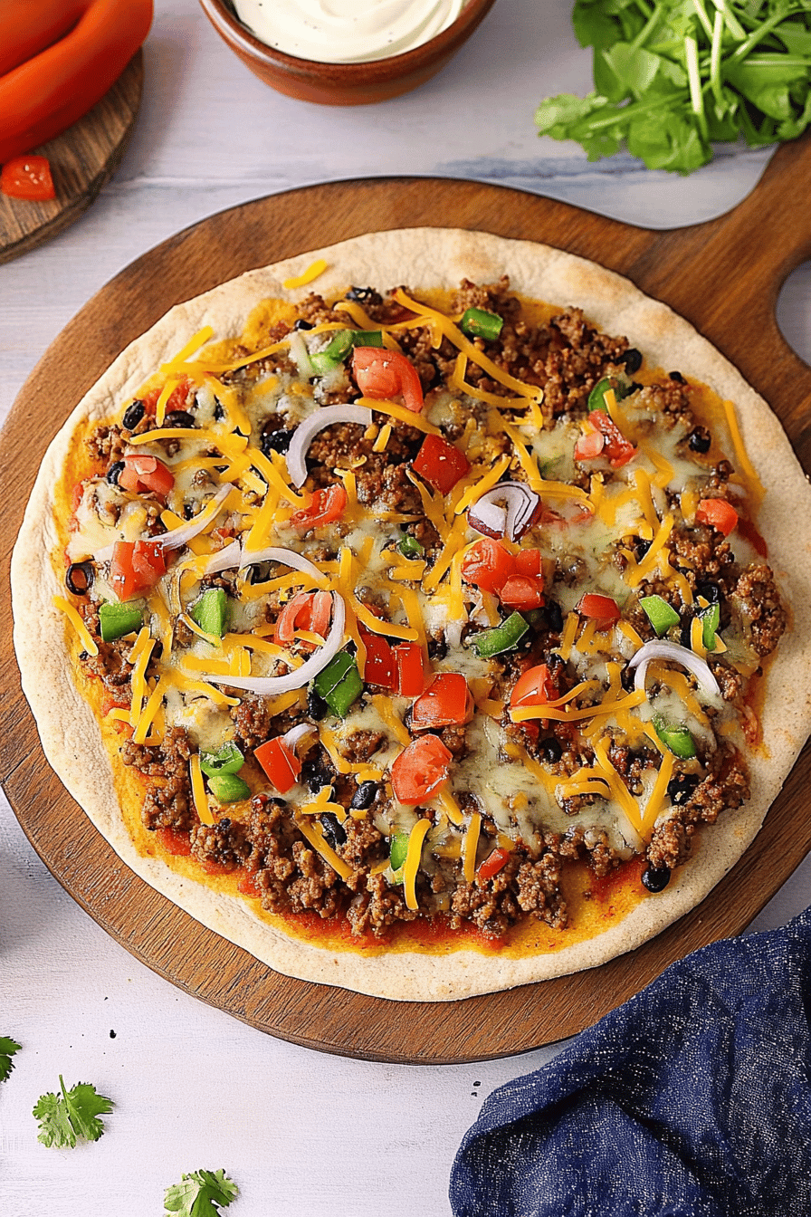 Taco Pizza slice on plate showing perfect texture and swirl pattern