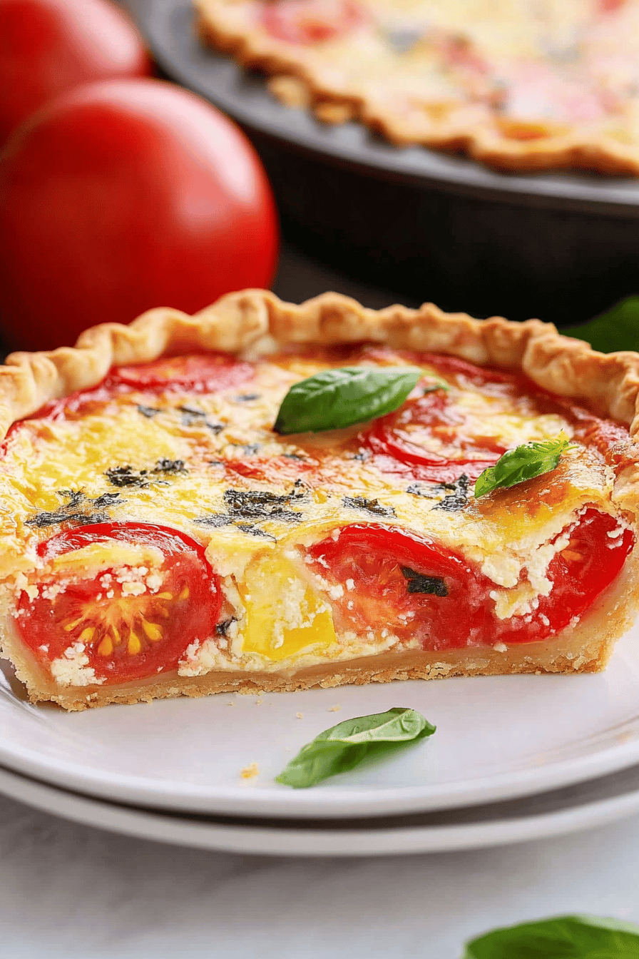Tomato pie slice on plate showing perfect texture and swirl pattern
