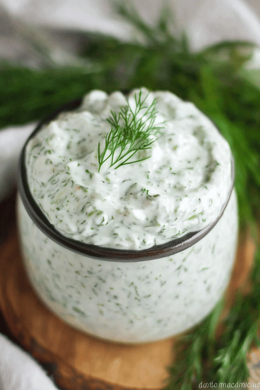 Tzatziki Sauce Recipe slice on plate showing perfect texture and swirl pattern