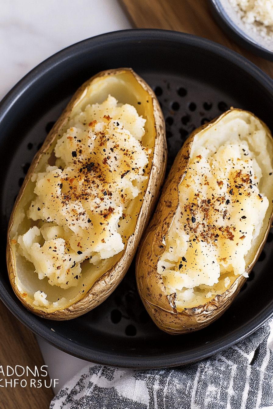 air fryer baked potato slice on plate showing perfect texture and swirl pattern