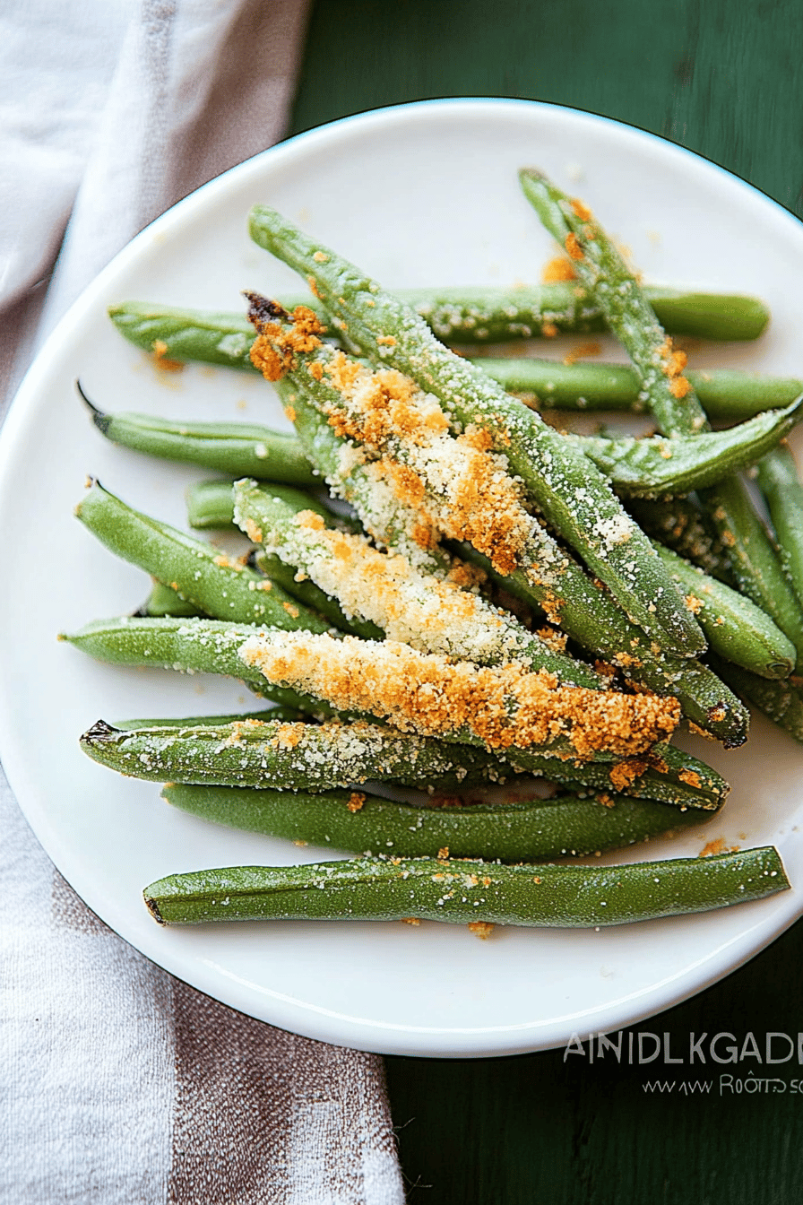 air fryer green beans slice on plate showing perfect texture and swirl pattern