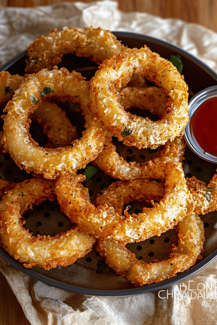 air fryer onion rings slice on plate showing perfect texture and swirl pattern