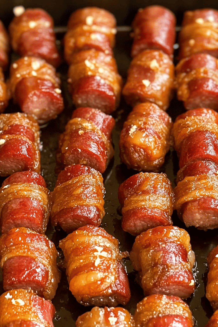 bacon wrapped smokies slice on plate showing perfect texture and swirl pattern