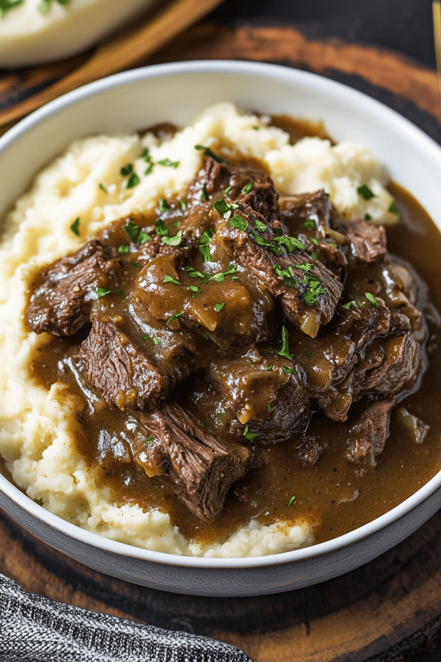 beef tips and gravy ingredients organized and measured on kitchen counter