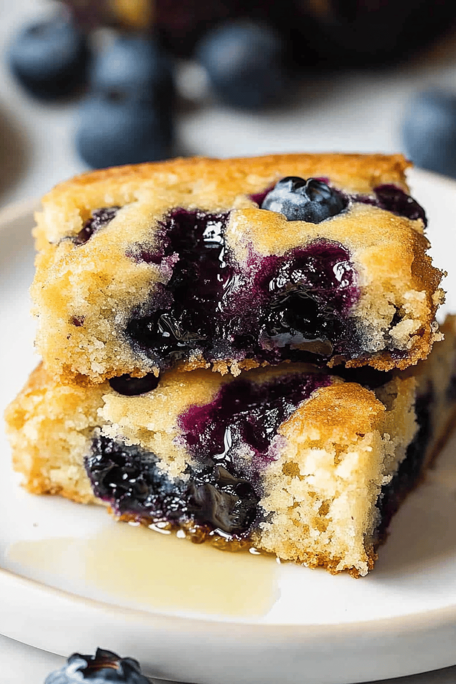 blueberry breakfast cake slice on plate showing perfect texture and swirl pattern