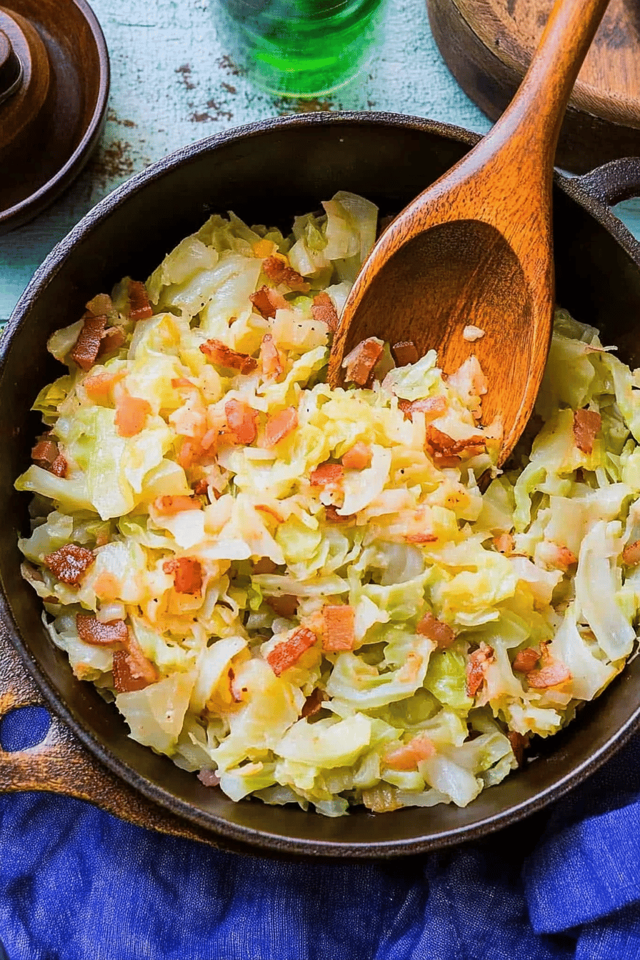 cabbage and bacon ingredients organized and measured on kitchen counter