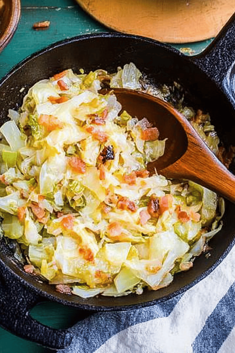 cabbage and bacon slice on plate showing perfect texture and swirl pattern