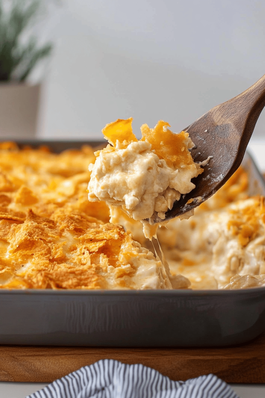 creamy chicken casserole slice on plate showing perfect texture and swirl pattern